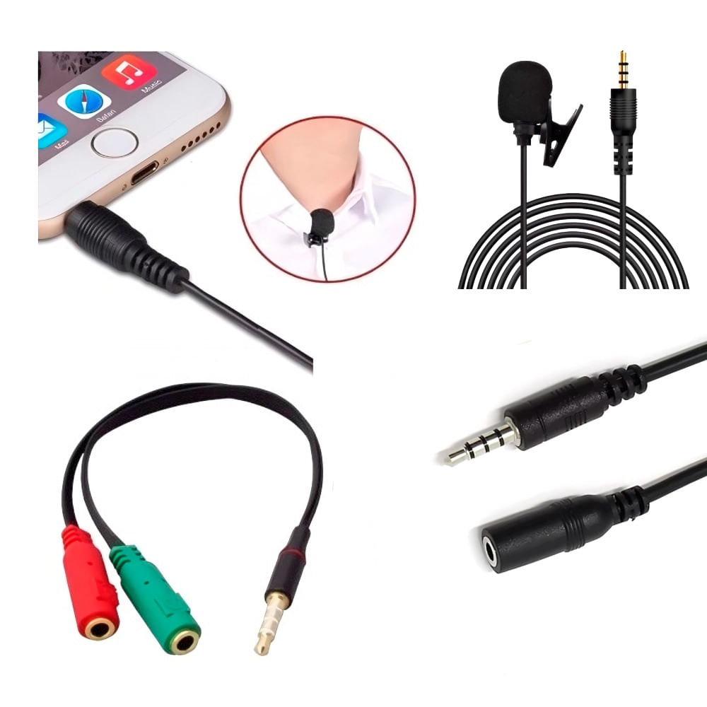 Microfone de Lapela P3 + Adaptador P3M x 2F + Cabo Extensor P3 Femea 1,50 Metros